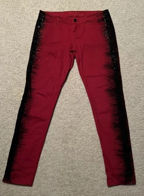 Truce Stretch Denim Skinny Jeans Red w Black Patterned Sides & Rhinestones Sz 11 - Image 1 of 4