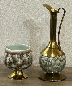 Vintage MCM W Bomas Leersum Holland Türkis Porzellan Messing Ewer und Kelch - Bild 1 von 14