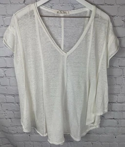 Free People WE THE FREE Sammie Oversized Tee Shirt Medium Cream V-Neck Top EUC - Picture 1 of 5