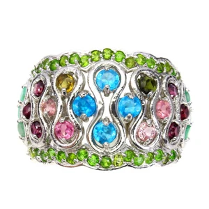 925 Anello Argento Sterling Rotondo Apatite Tormalina Gemma Smeraldo Taglia 8 - Foto 1 di 10