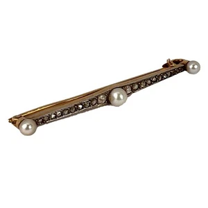 Natürliche weiße Perle und Diamant 18K Gelbgold Barrenbrosche - Bild 1 von 10