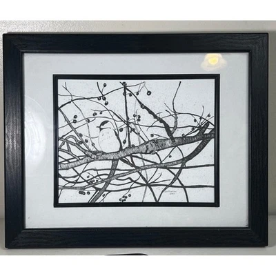 Framed Art Print Bird Black and White Tree Branches & Berries Sketch - Image 1 of 4