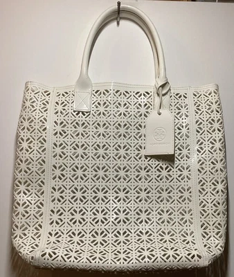 Bolso de Mano de Playa Tory Burch Blanco Corte Láser Shopper Preppy Foto 1 de 4