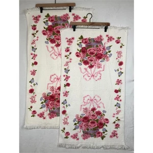 Vintage Fieldcrest Badetücher Set weiß rosa Baumwolle Blumen Korb Fransenborte - Bild 1 von 5