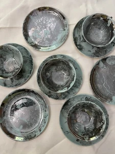 Sascha Brastoff Surf Ballet Turquoise & Silver 4 TeaCup & saucer + 3 small plate - Picture 1 of 16