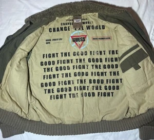 RARE Vintage Guess Premium Issue Change The World Bomber Jacket Faux Fur Green - Picture 1 of 7