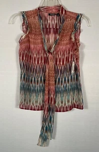 A.N.A. Tank Top Womens PM Rust/Teal Ombre Ruffled Sleeveless Tie Neck NWT - Picture 1 of 8