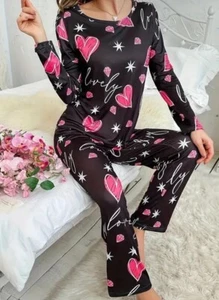 Women's 8/10 Medium Valentines Sleep Pant Set - Black Pink Silky Soft Heart - Picture 1 of 6