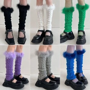 1 Pair Feather Harajuku Leg Warmer Girl Faux Fur Knit Long Socks Cuff For Boots - Picture 1 of 25