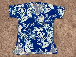 Natori Blouse Womens Medium Blue V Neck Hawaiian Tropical Short Sleeve - Picture 1 of 10