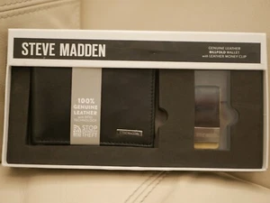 NEW MEN'S BLACK STEVE MADDEN BILLFOLD WALLET AND MONEY CLIP GENUINE LEATHER RFID - Picture 1 of 9