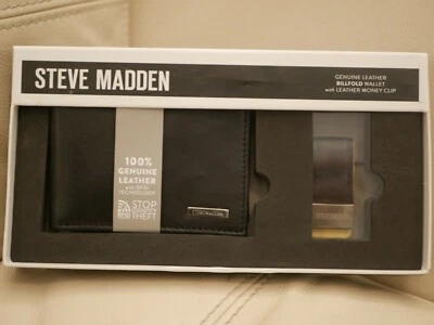 NEW MEN'S BLACK STEVE MADDEN BILLFOLD WALLET AND MONEY CLIP GENUINE LEATHER RFID - Image 1 of 4