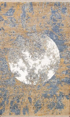 Modern Abstract Moon Design Wool/ Silk Oriental Area Rug Hand-knotted 4x6 Carpet - Image 1 of 4