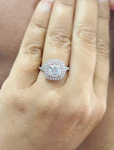 Anillo de compromiso moissanita corte cojín oro blanco macizo 14k doble halo 3,00 ctw - Imagen 1 de 9