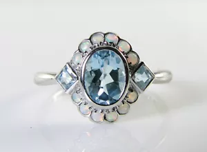 DAINTY 9k 9CT WHITE GOLD AQUAMARINE OPAL ART DECO INS CLUSTER RING Size L - Picture 1 of 5