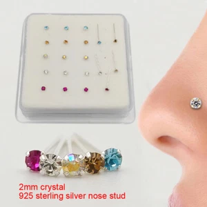 Sterling Silver Nose Stud Multicolored Crystal Clear Nose Pin Bar 2MM 1 PC - Picture 1 of 5