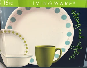 Corelle South Beach 16pc Dinnerware Dish Set Plates Bowls Mugs Dots - Picture 1 of 7