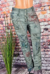 Stretch Jeans Hose Baggy Buttons Italy bedruckt GRAU M 36 38 - Imagen 1 de 6