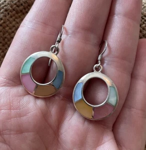 Mother Of Pearl Shell Inlay Sterling Silver Stamped Earrings Dangly Hoop 925 - Picture 1 of 16