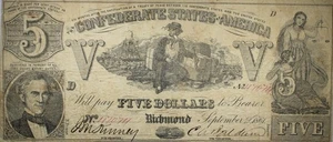1861 $5 Confederate States Of America Currency Low Grade Circulated Pinhole P184 - Picture 1 of 2