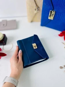 Blue leather notebook cover A7 6 rings mini wallet, Mini Planner Binder. - Picture 1 of 14