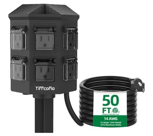 Outdoor Power Strip Weatherproof,50 FT Extension Cord with Power Stake,6 Grounde - Picture 1 of 7