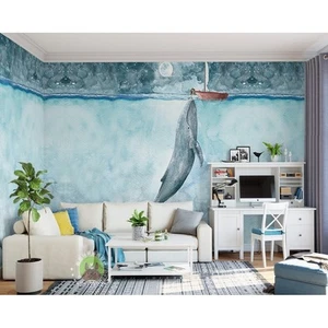 GK Wall Design Whale Sea Landscape REMOVABLE Wallpaper Blue H:49" x W:75" - Picture 1 of 5