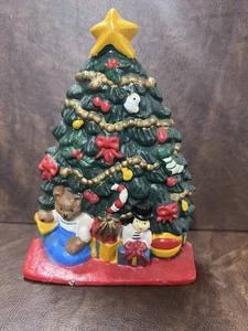 Fermaporta o fine libro albero di Natale decorato in ghisa vintage 4 libbre. Alto 8" - Foto 1 di 5