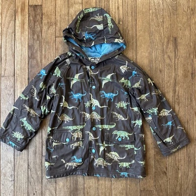 Chaqueta de Lluvia Hatley Niños Estampado de Dinosaurios Con Capucha Talla 7 Marrón Azul Verde Forrada Foto 1 de 4