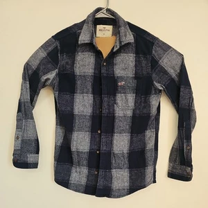 Camicia Hollister in flanella con bottoni uomo XSmall blu logo a quadri spiaggia surf - Foto 1 di 7