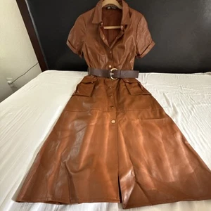 Zara Brown Faux Leather Shirt Dress Snap Down Short Sleeve Pockets Midi Small - Picture 1 of 6