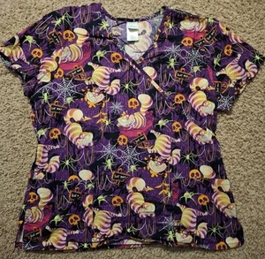 Disney Alice in Wonderland Cheshire Cat Uniform V-Neck Scrub Top Large Halloween - Picture 1 of 8