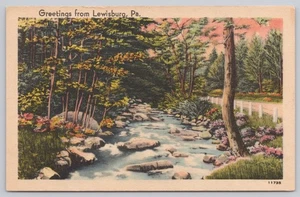 Cartolina di lino Saluti da Lewisburg Pennsylvania Stream and Road - Foto 1 di 2