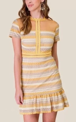 Francesca’s Molly Lace Sheath Dress Yellow With Ruffled Bottom Beautiful! Size M - Image 1 of 4