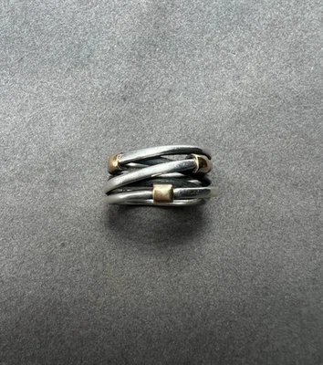 Retired Pandora Sterling Silver Rope Two Tone Ring with 14k Gold 190383 - Image 1 of 4