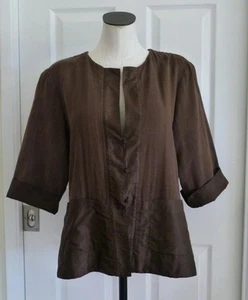 EILEEN FISHER Choc 2-Fabrics Silk Cotton Asian Style Knot Buttons Lt-Wt Jacket L - Bild 1 von 17