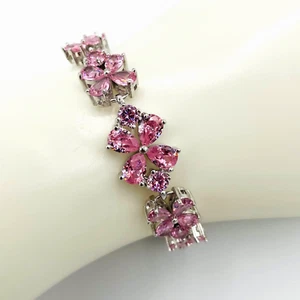 Bracciale maglia argento sterling rame B/M design floreale cristallo rosa Cottagecore - Foto 1 di 7