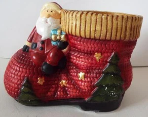NEW SANTA CLAUS Sits On SANTA BOOT Ceramic Planter CHRISTMAS SCULPTURE - Picture 1 of 6