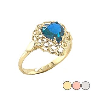 Solid Gold Blue Topaz Filigree Heart-Shaped Ring In  (Yellow/Rose/White)