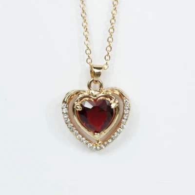 Yellow Gold Finish Created Diamond & Red Ruby Double Heart Pendant Necklace - Image 1 of 4