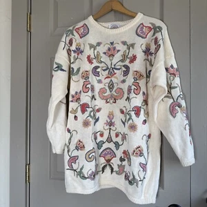 Grannycore VTG 80s/90s Cape Isle Knitters Cream Long Sweater Embroidered Floral - Picture 1 of 24