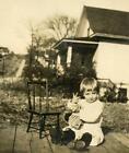MM244 Vtg Photo BABY COUNTING PLAYING ON SIDEWALK, CHILD'S CHAIR c Early 1900's