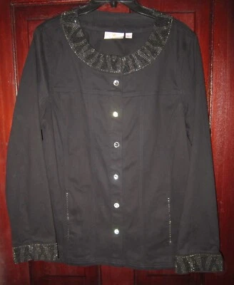 Quacker Factory Size L Stretch Jacket Shirt Top Rhinestones Black Pockets Button - Image 1 of 3