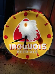 VTG IROQUOIS BEER ALE Chief Head DRUM CLOCK Bar LIGHT Sign Buffalo, NY Mancave - Picture 1 of 11