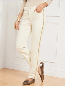 Talbots cremefarbene schlankmachende Jeans gerades Bein goldfarbene Paillettenstreifen Größe 16 Einzelhandel 118 $ - Bild 1 von 12