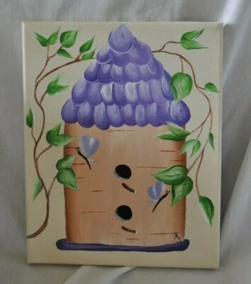Primitive Hand Painted Birdhouse On Raised Canvas Whimsical Folk Art Farmhouse - Image 1 of 3