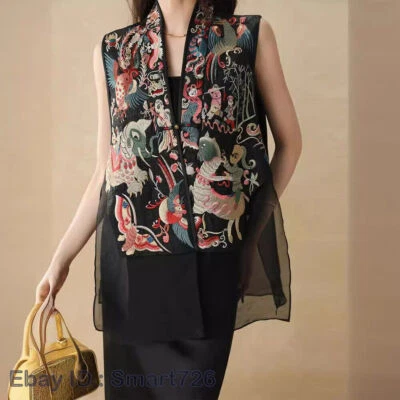 Colete feminino retrô verão sem mangas bordado chinês terno tang estampado - Imagem 1 de 4