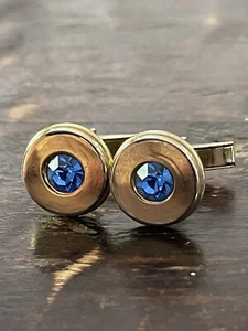 Vtg Gold Tone Blue Rhinestone Center Round Cufflinks GUC - Picture 1 of 9