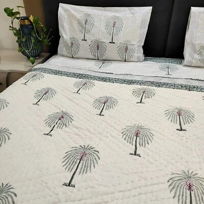 Indian Block Print Quilt Jaipuri Razai Pure Cotton Quilted Bedspread With Pillow - Image 1 of 4