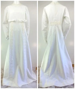 Vintage 60s Ivory Wedding Gown Dress Empire Waist Sweep Train Lace Bows M - Picture 1 of 12